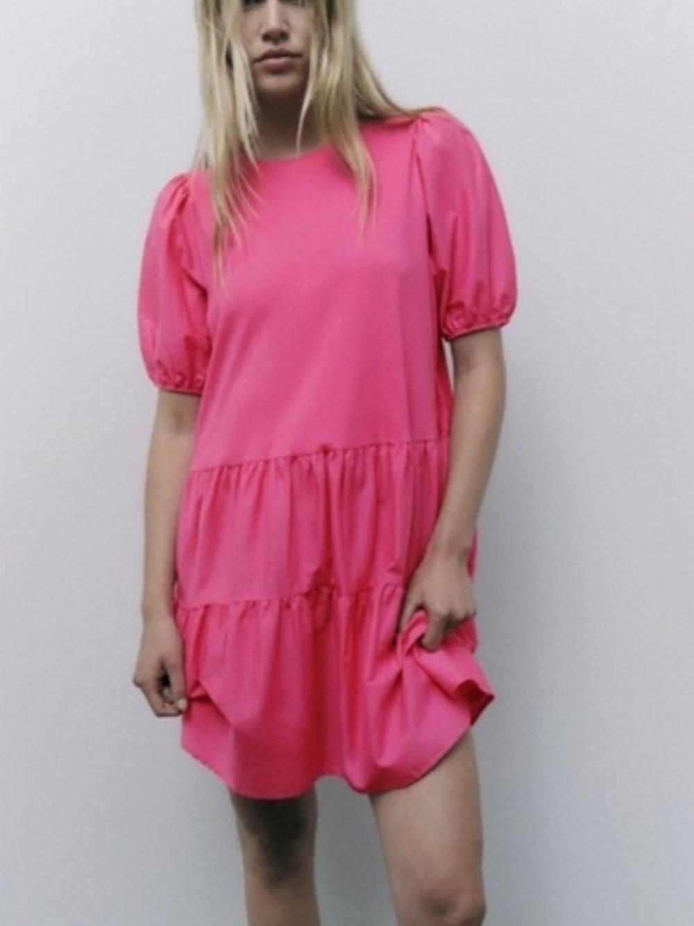 Zara Hot Pink Puff-Sleeve Tiered Mini Dress